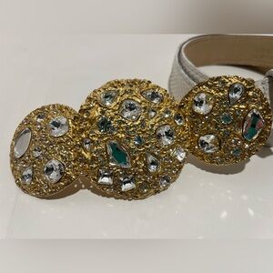 Chunky White Snakeskin Belt with Huge Shimmering Rhinestone & Gold Buckle, NWT